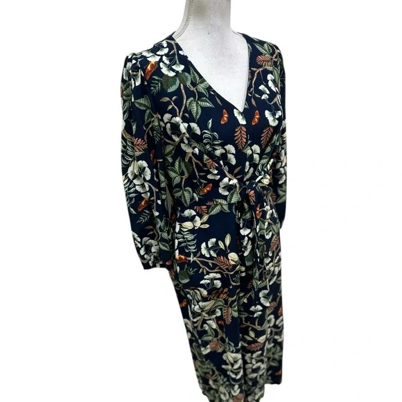 LOFT Navy Botanical Tie-Waist Midi Dress - Picture 6 of 14